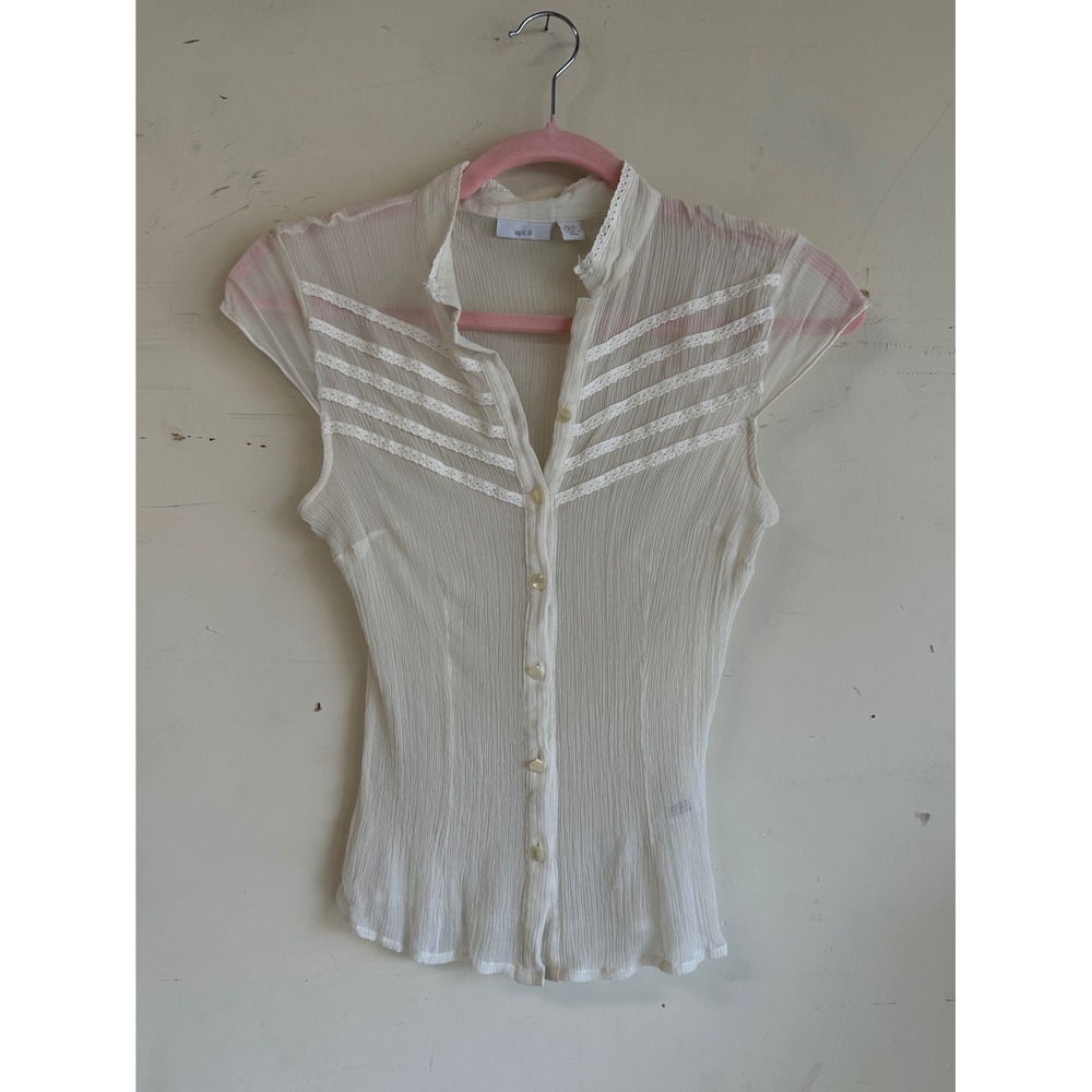 Vintage Y2K silk sheer lace trim button up top office siren grunge
